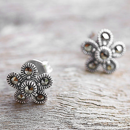 Pretty Blossoms Sterling Silver and Marcasite Flower Stud Earrings