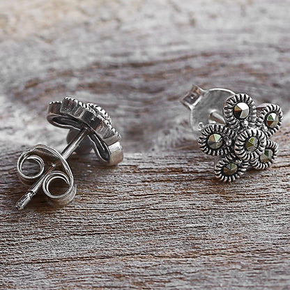 Pretty Blossoms Sterling Silver and Marcasite Flower Stud Earrings