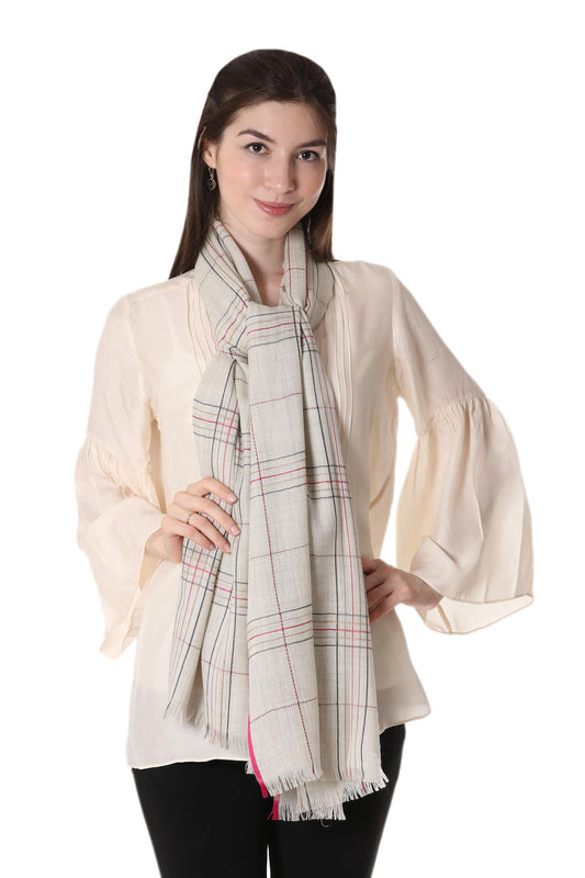 Off-White Sophistication Wool Patterned Shawl in Off-White from India