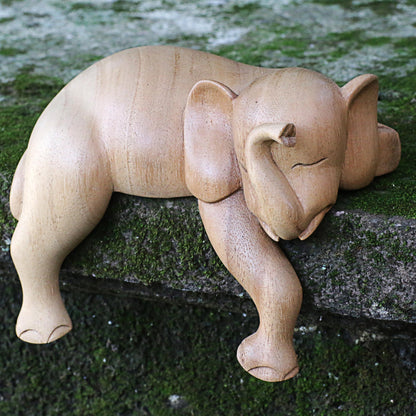 Napping Elephant Hand Carved Elephant Sculpture Natural Finish from Indonesia