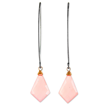 Pink Lily Crystals Long Pink Gold Accent Chalcedony Dangle Earrings Thailand