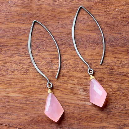 Pink Lily Crystals Long Pink Gold Accent Chalcedony Dangle Earrings Thailand