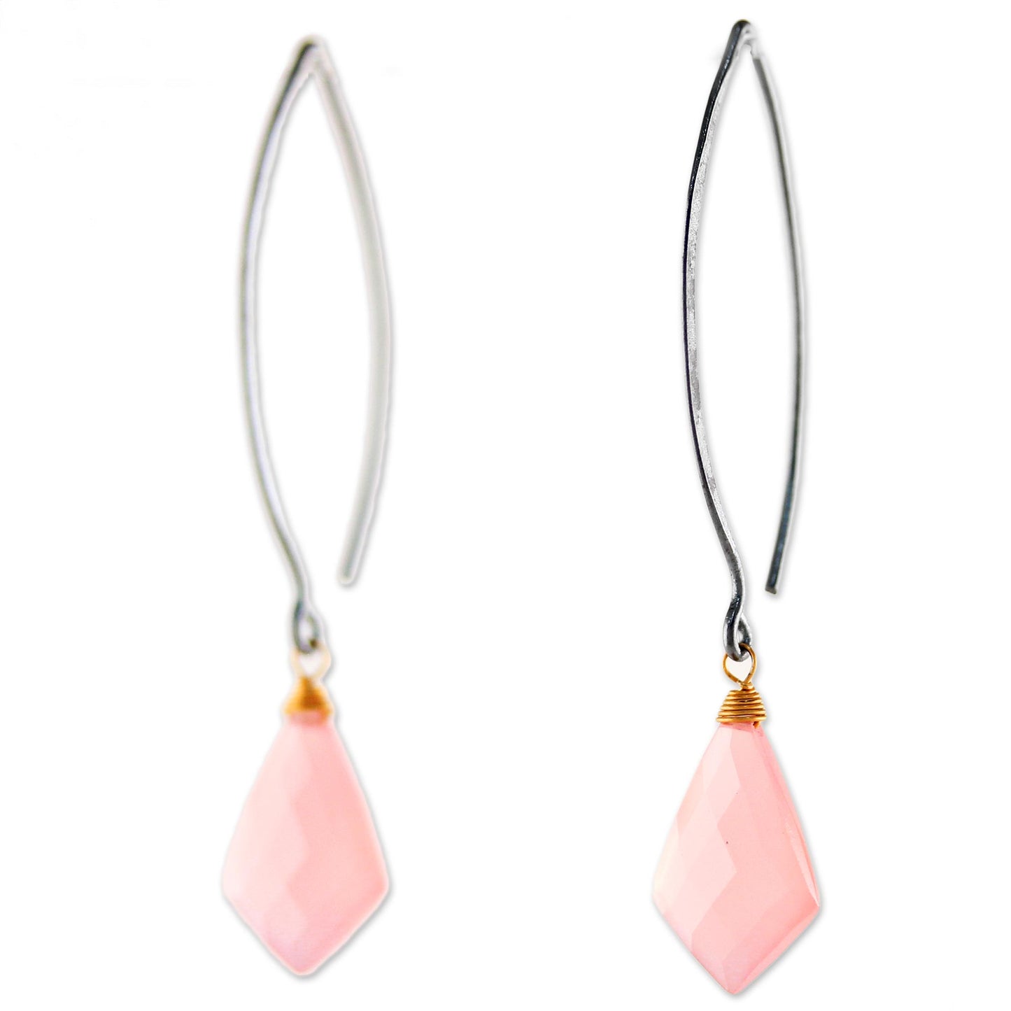 Pink Lily Crystals Long Pink Gold Accent Chalcedony Dangle Earrings Thailand