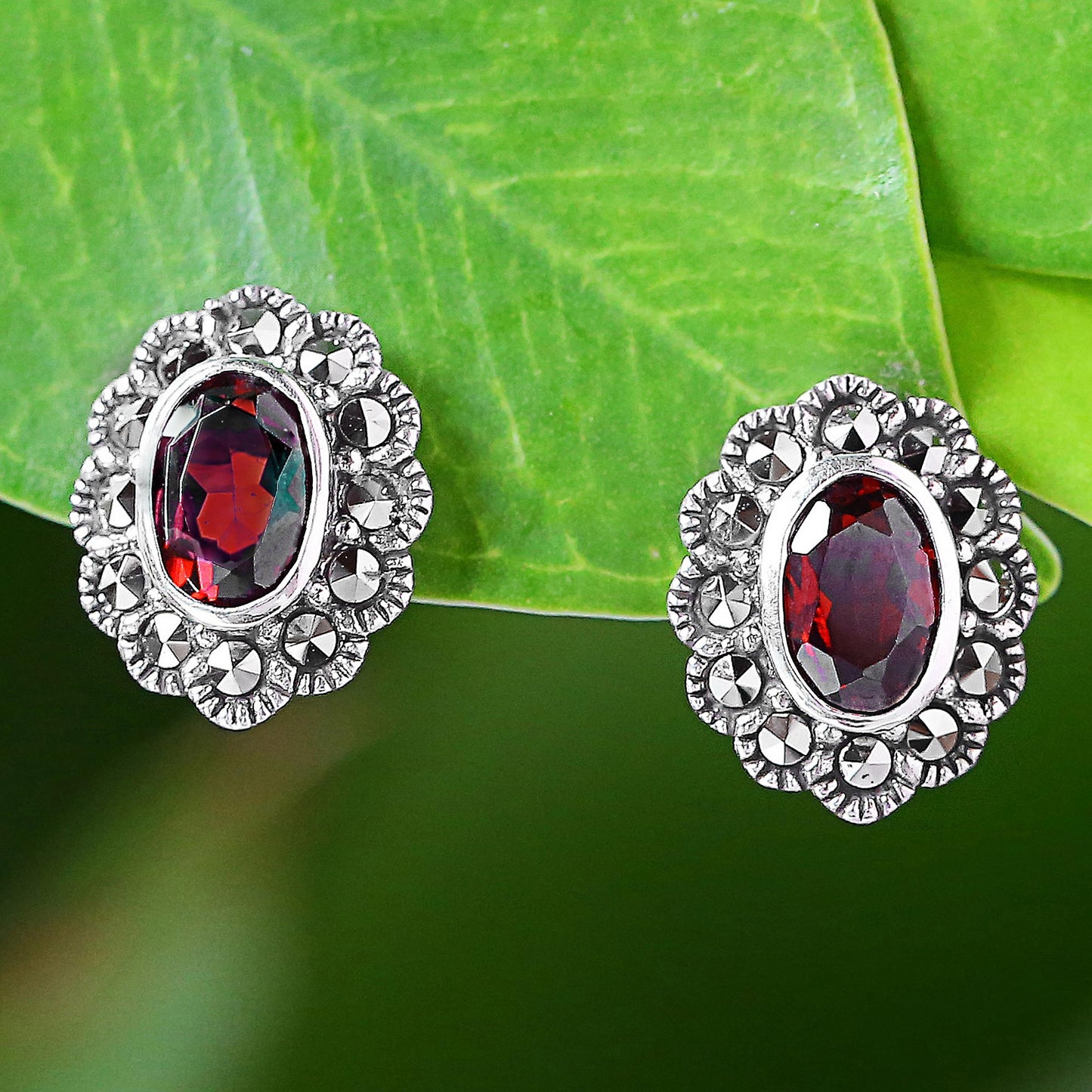 Red Lotus Flowers Garnet and Marcasite Stud Earrings from Thailand