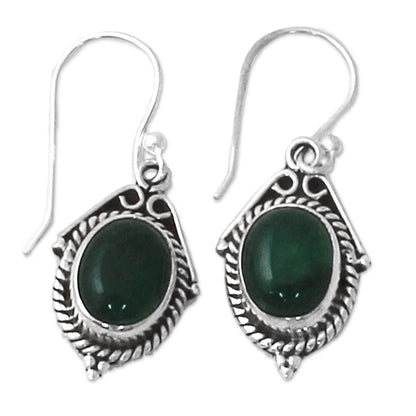 Charming Green Hand Made Sterling Silver Green Onyx Dangle Earrings India