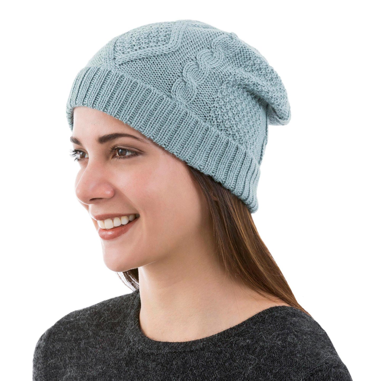 Celadon Braid Knitted Unisex Watch Cap in Celadon 100% Alpaca from Peru