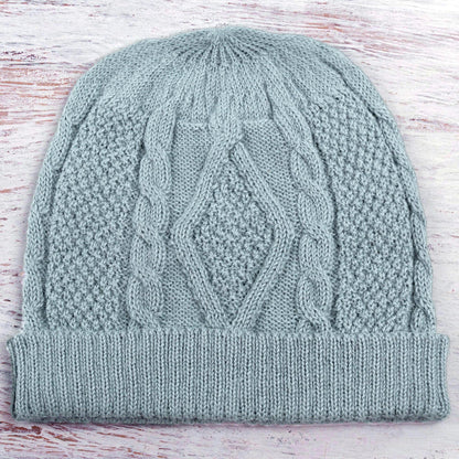 Celadon Braid Knitted Unisex Watch Cap in Celadon 100% Alpaca from Peru