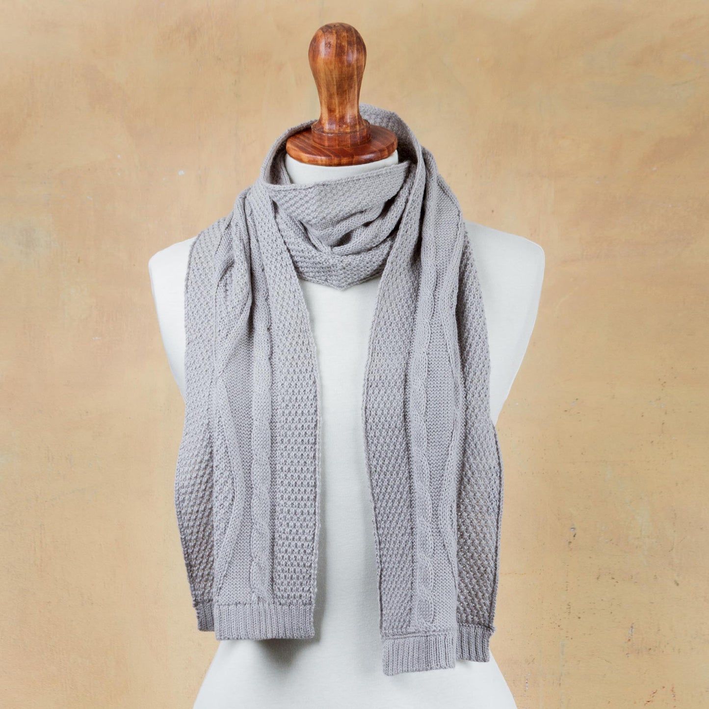 Dove Grey Braid Knitted Unisex Scarf in Dove Grey 100% Alpaca from Peru