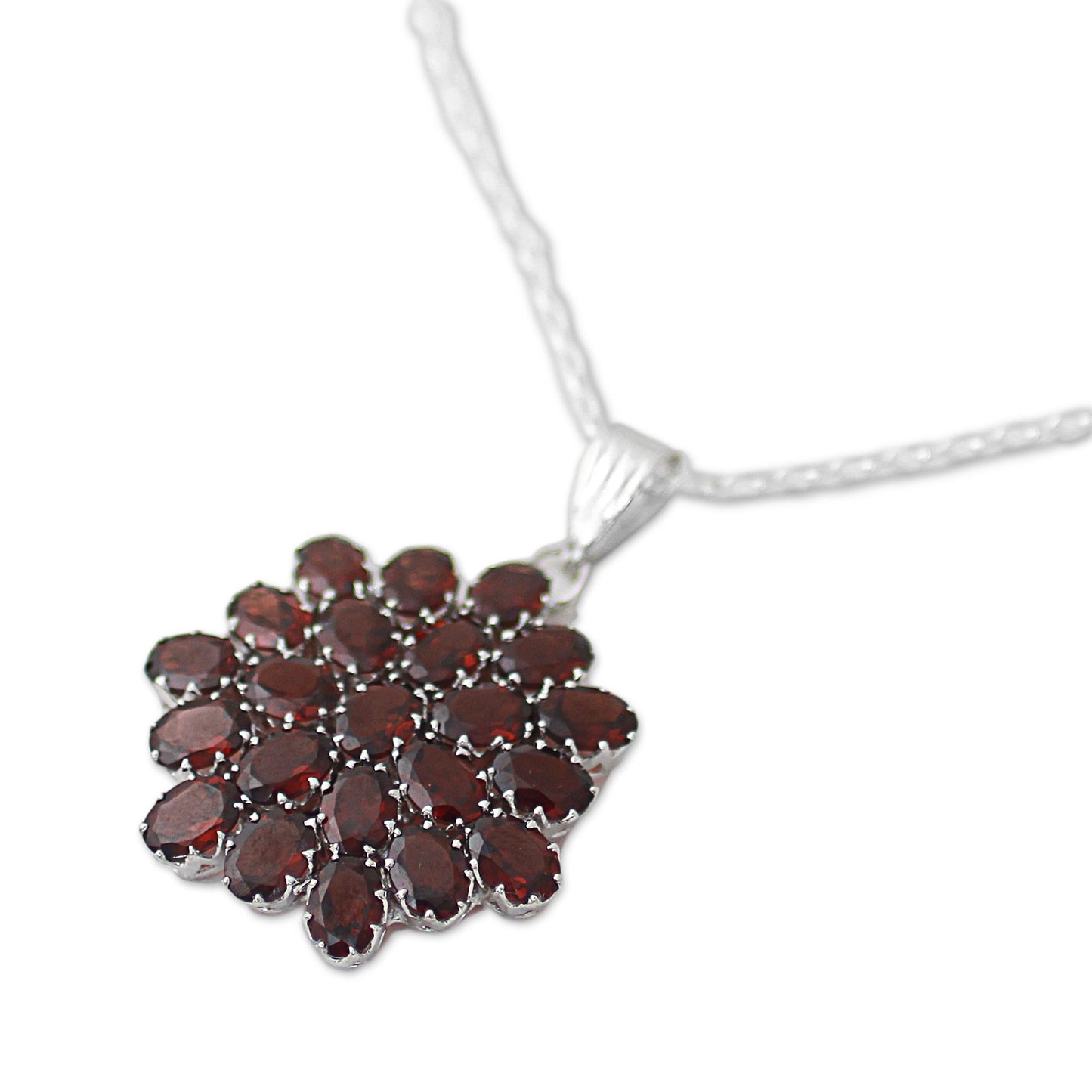 Red Sunflower Garnet & Silver Pendant Necklace