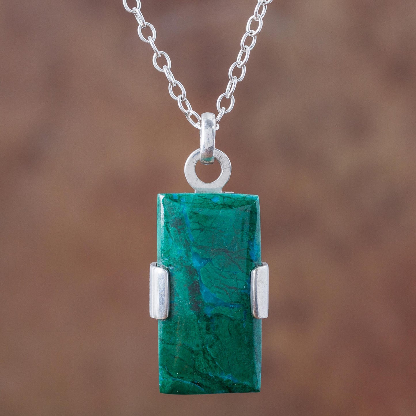 Hug Peruvian Chrysocolla Pendant on 925 Sterling Silver Necklace