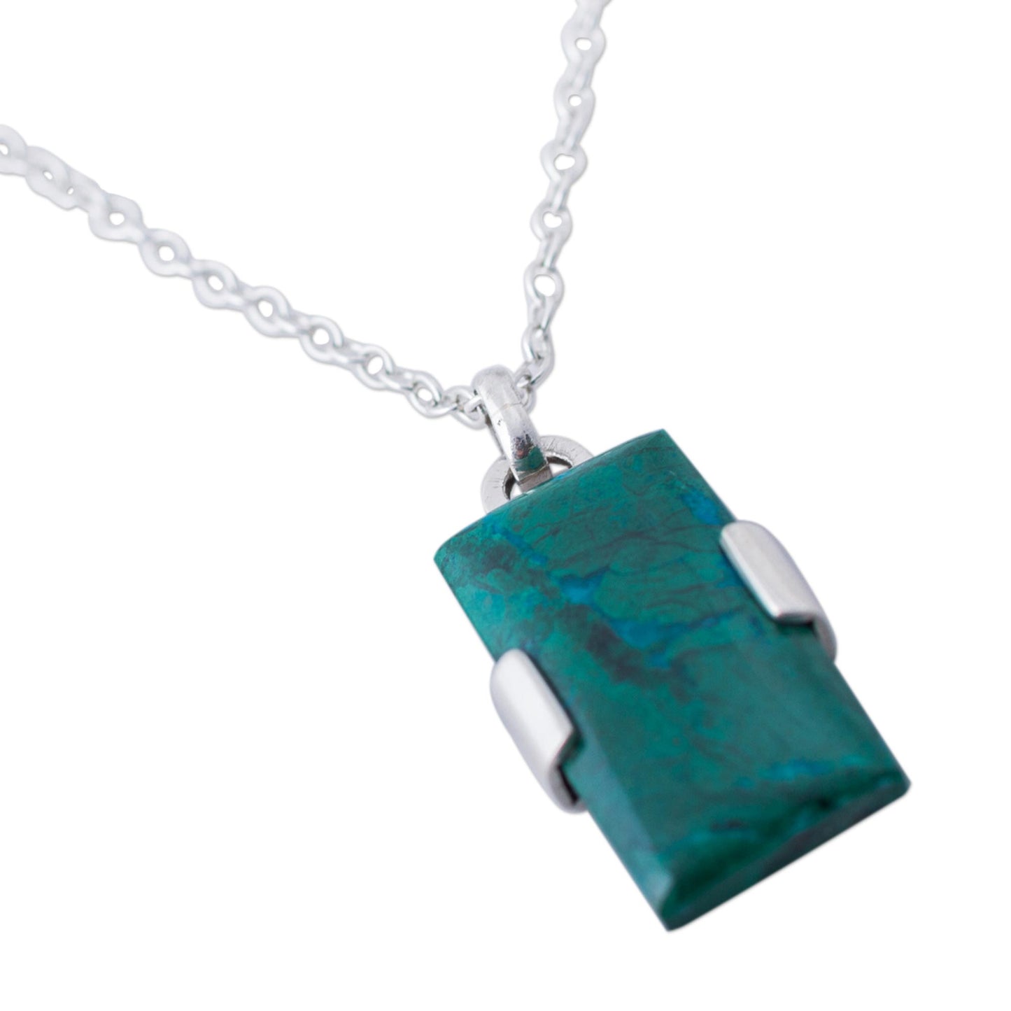 Hug Peruvian Chrysocolla Pendant on 925 Sterling Silver Necklace