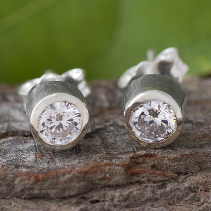 Dots of Light Sparkling Silver and Cubic Zirconia Stud Earrings from Peru