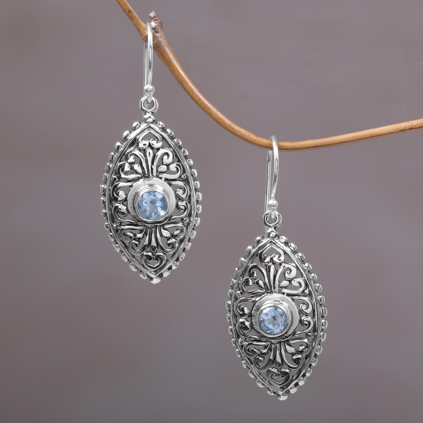 Wonderful Bali in Blue Ornate Balinese Handcrafted Silver Earrings with Blue Topaz