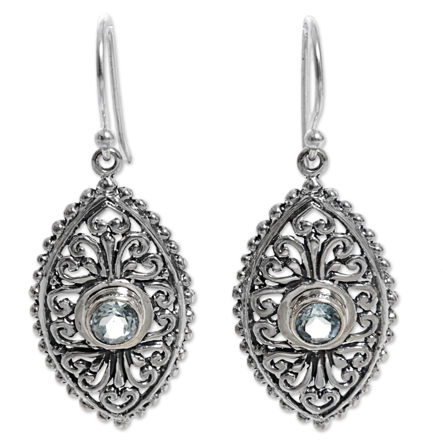 Wonderful Bali in Blue Ornate Balinese Handcrafted Silver Earrings with Blue Topaz