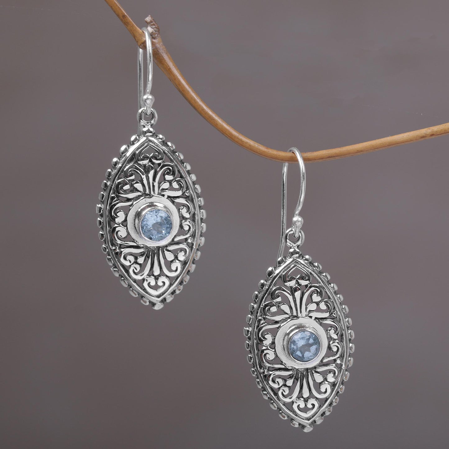 Wonderful Bali in Blue Ornate Balinese Handcrafted Silver Earrings with Blue Topaz