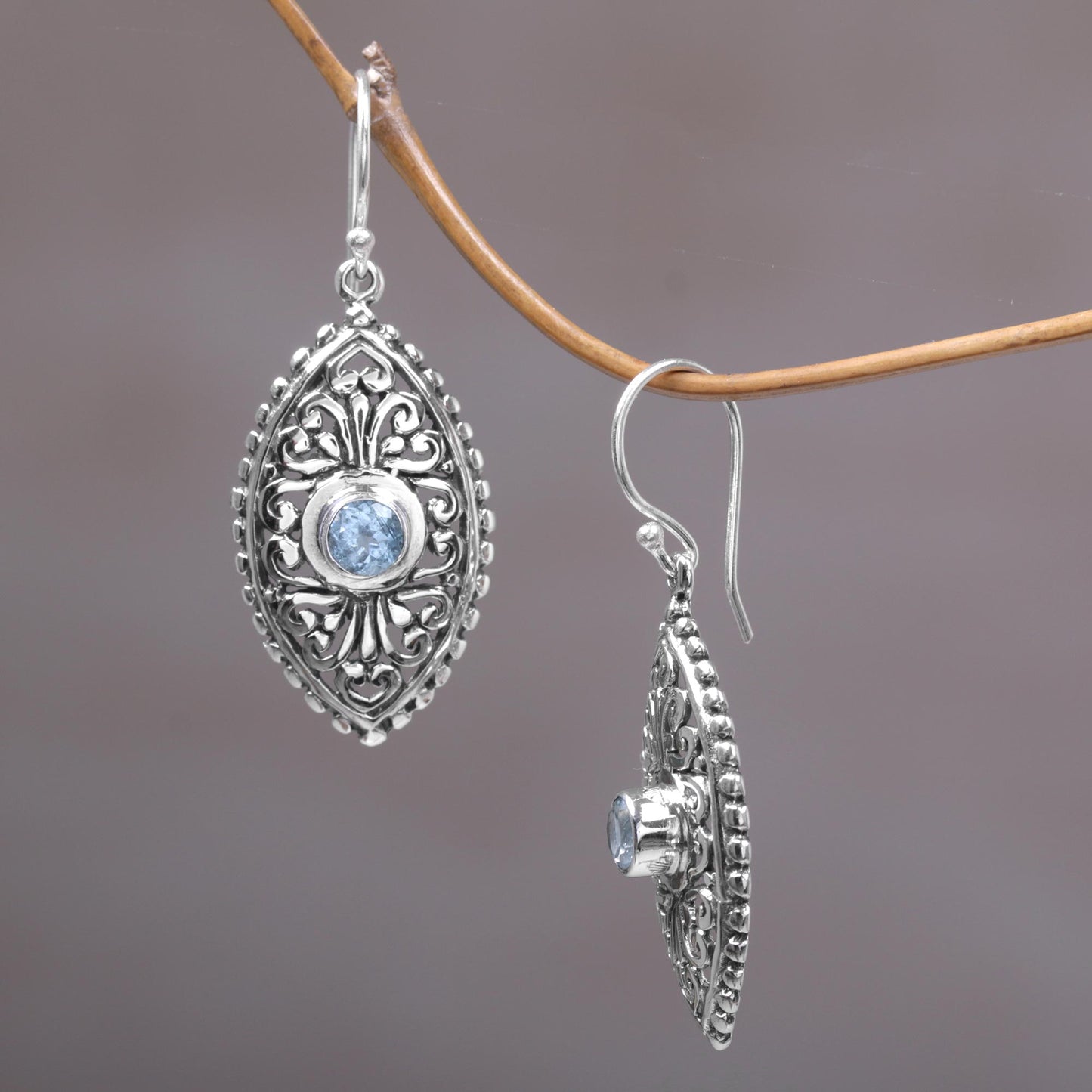 Wonderful Bali in Blue Ornate Balinese Handcrafted Silver Earrings with Blue Topaz