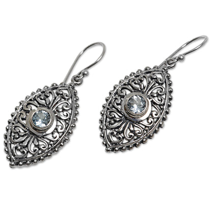 Wonderful Bali in Blue Ornate Balinese Handcrafted Silver Earrings with Blue Topaz