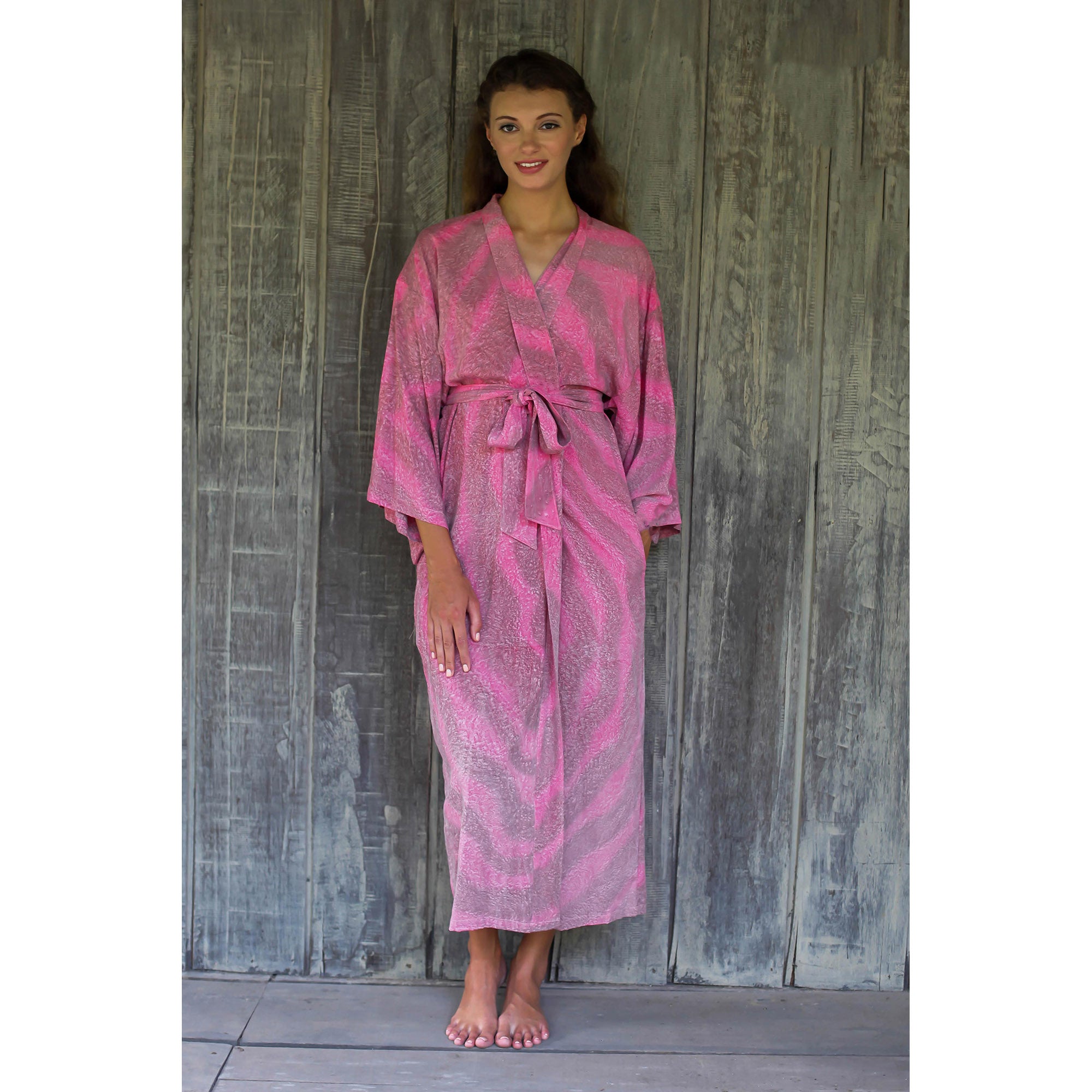 NOVICA Coral Reef Pink Rayon Robe | GreaterGood