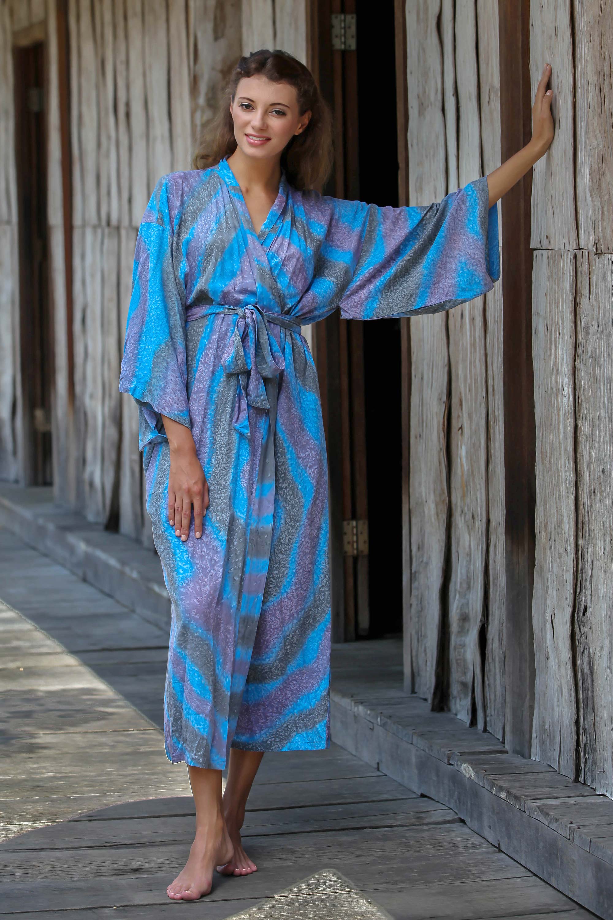 NOVICA Ocean Reef Women's Blue 100% Rayon Robe from Indonesia | GreaterGood