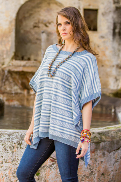 Elegant Stripes Cotton Poncho Blue Stripes Wood Buttons from Guatemala