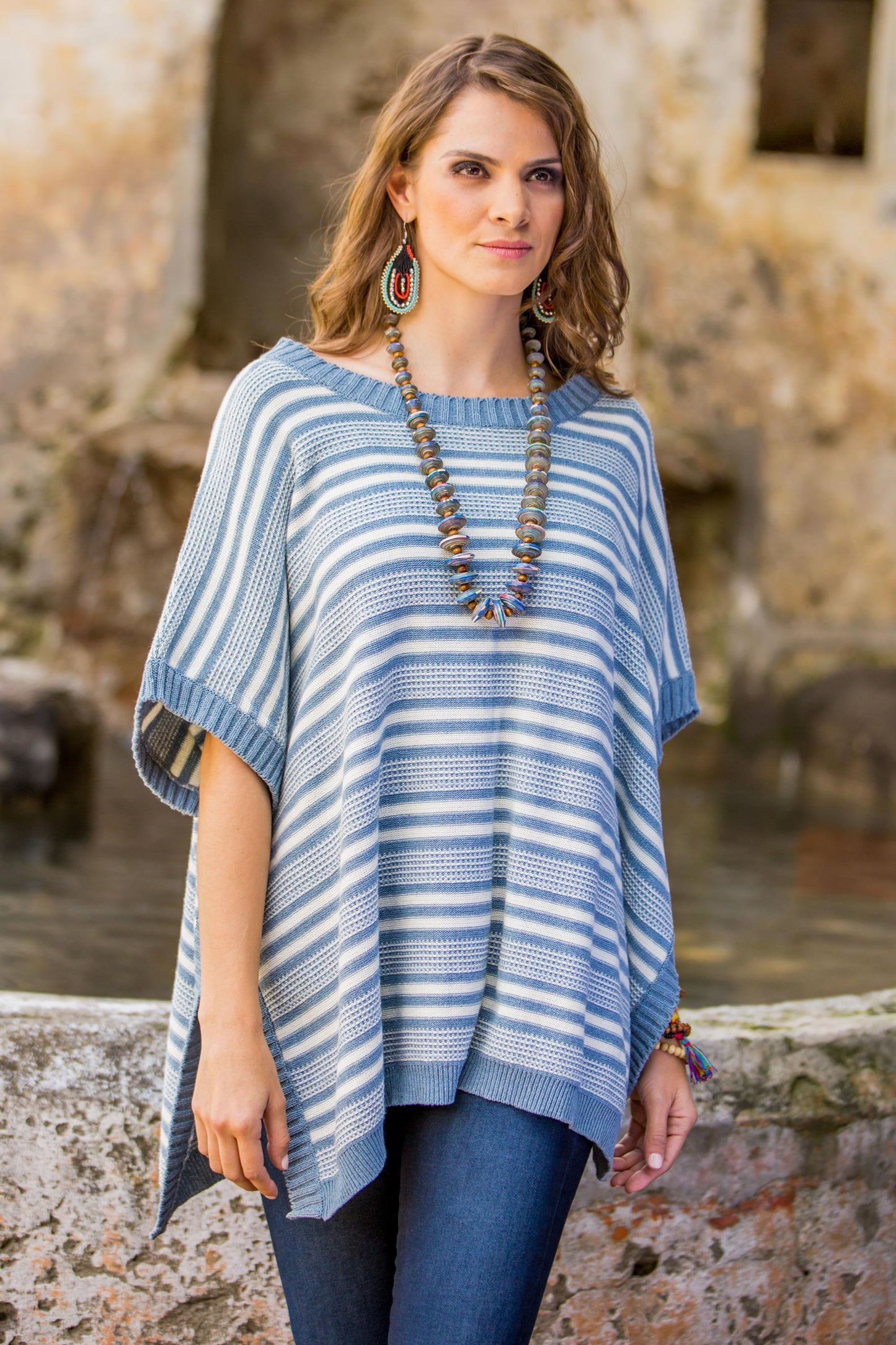 Elegant Stripes Cotton Poncho Blue Stripes Wood Buttons from Guatemala