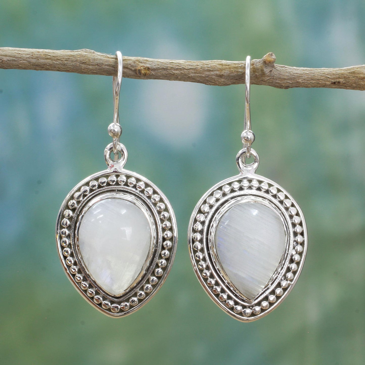 Gleaming Petals Sterling Silver Rainbow Moonstone Dangle Earrings from India