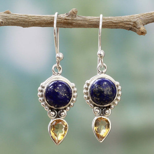 Indian Dew Handmade Citrine Lapis Lazuli Dangle Earrings from India