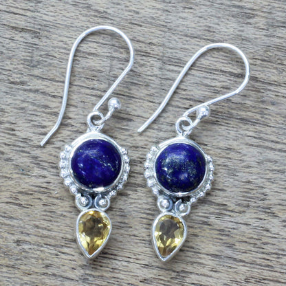 Indian Dew Handmade Citrine Lapis Lazuli Dangle Earrings from India