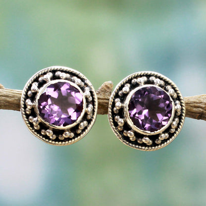 Indian Elegance in Purple Hand Made Faceted Amethyst Button Earrings from India