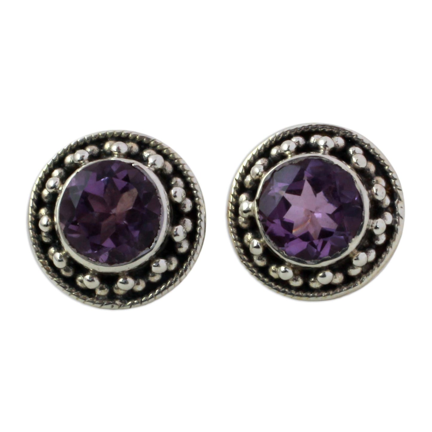 Indian Elegance in Purple Hand Made Faceted Amethyst Button Earrings from India