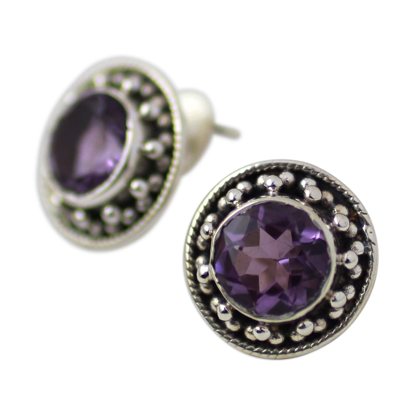 Indian Elegance in Purple Hand Made Faceted Amethyst Button Earrings from India