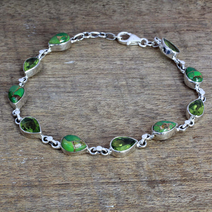 Sunny Drops in Green Peridot Composite Turquoise Link Bracelet from India