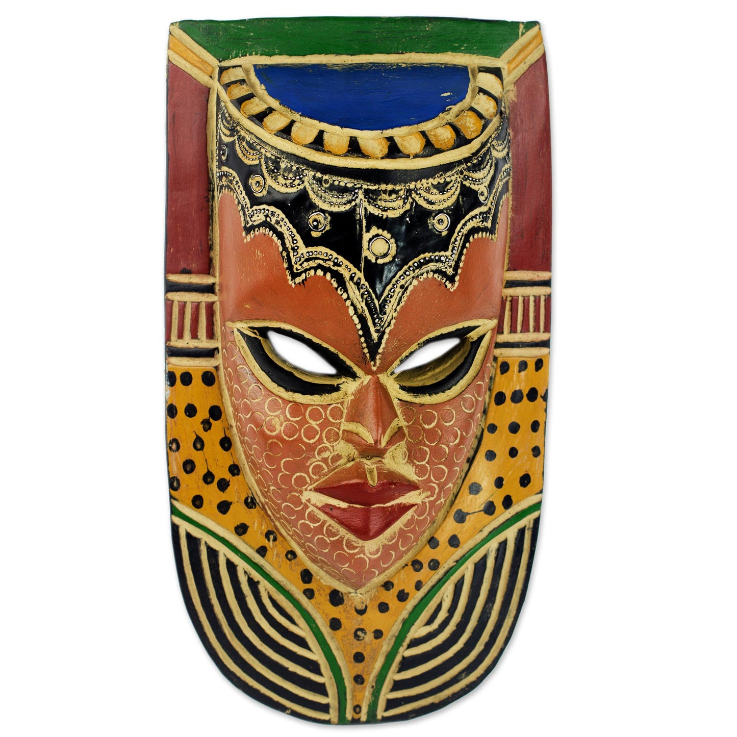 Queen on the Wall Hand Carved Sese Wood Mask Decorated With Paint and Aluminum