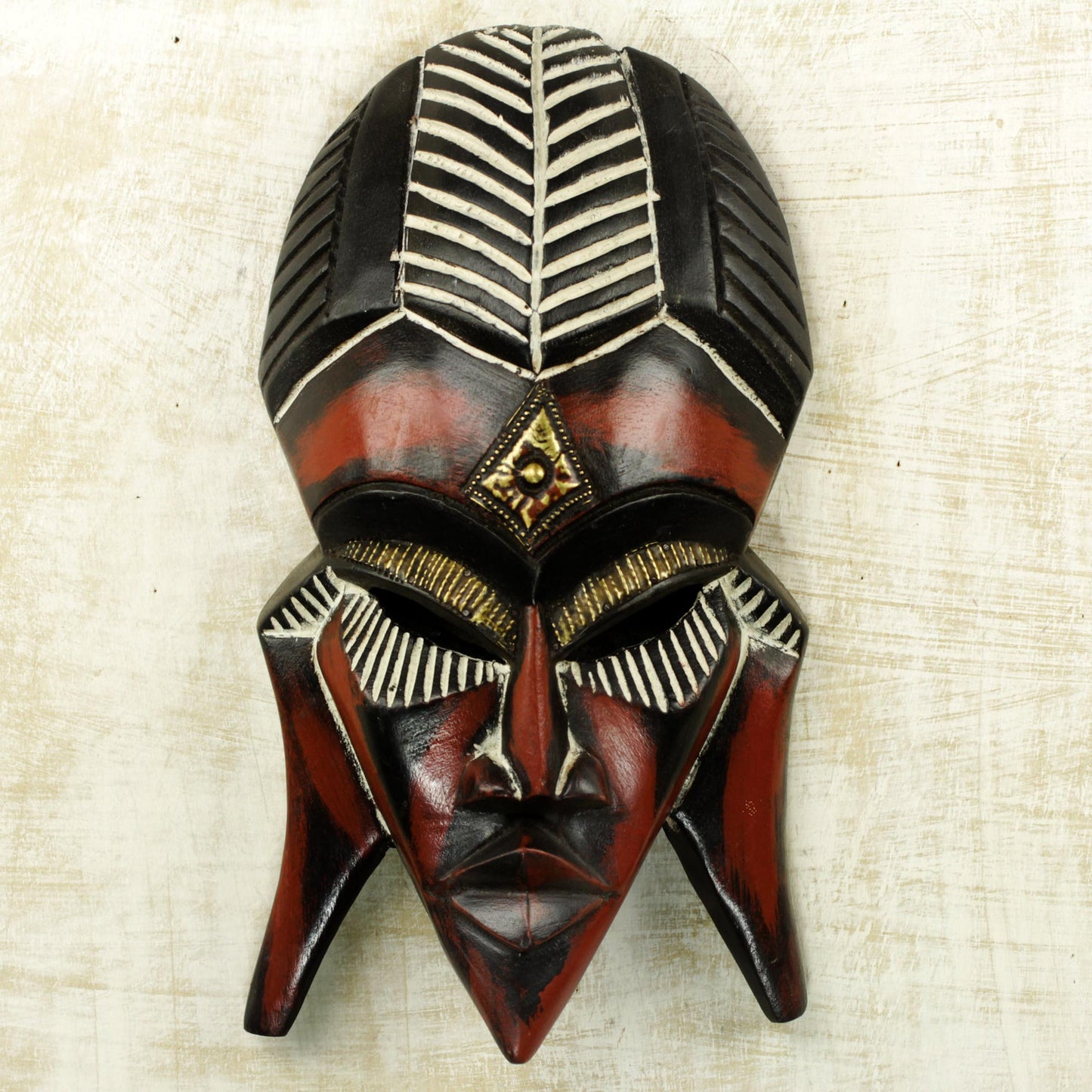 Fumnaya Love Hand Carved Wood Brass African Mask Red Black from Ghana