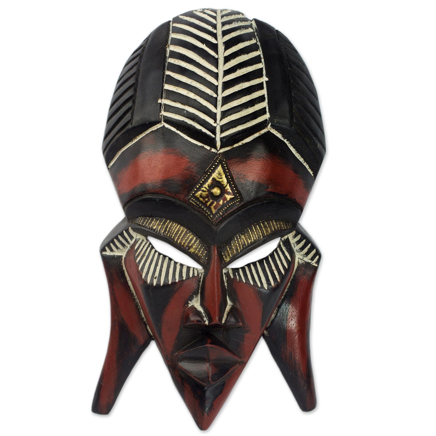 Fumnaya Love Hand Carved Wood Brass African Mask Red Black from Ghana