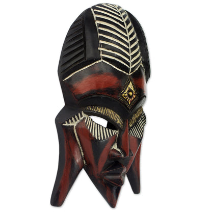 Fumnaya Love Hand Carved Wood Brass African Mask Red Black from Ghana