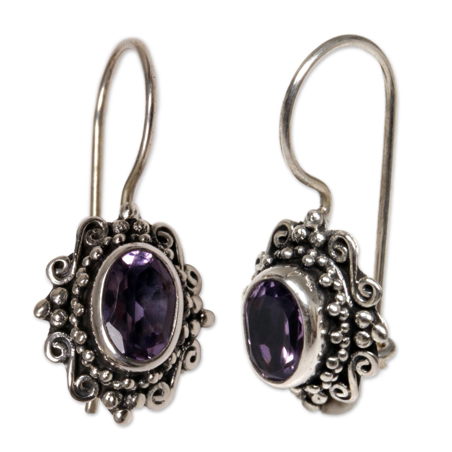 Nature's Mirrors Hand Made Amethyst Sterling Silver Drop Earrings Indonesia