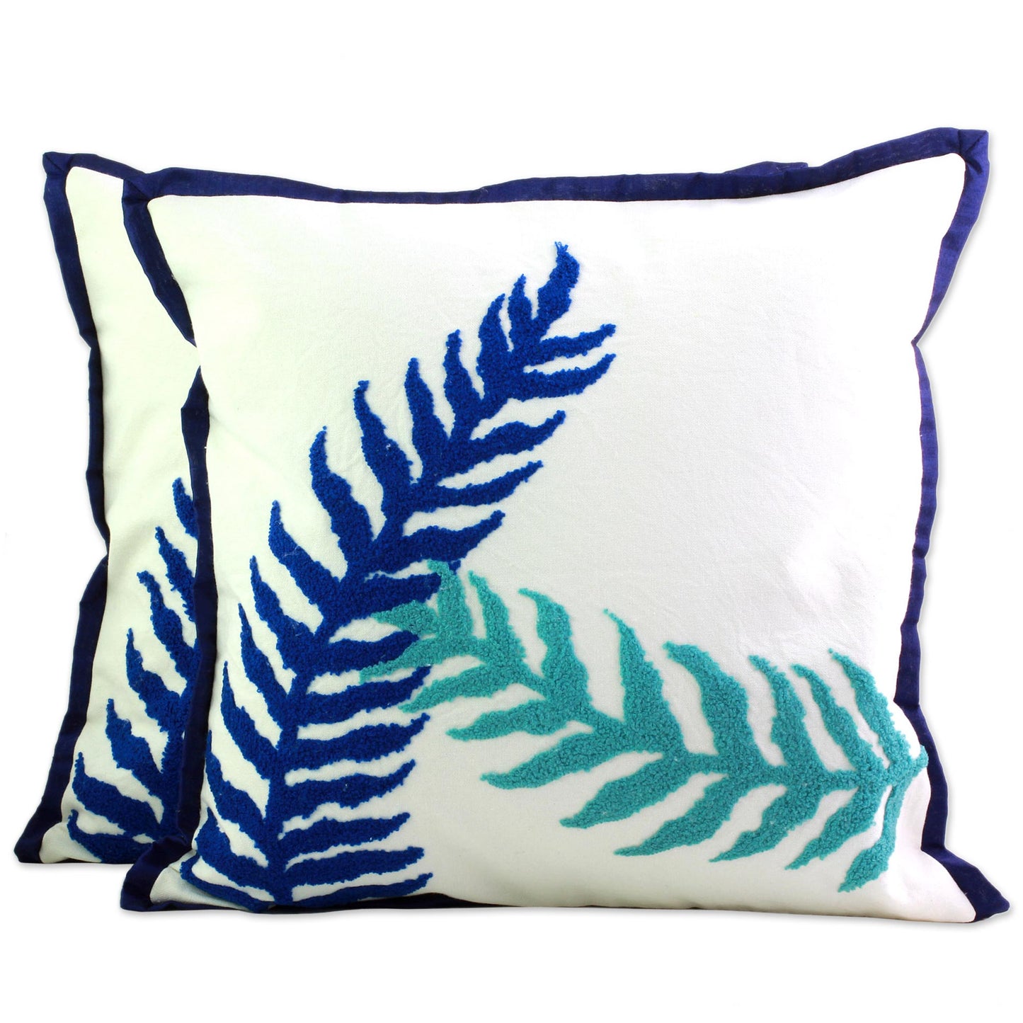 Alluring Leaves 100% Cotton Blue and White Cushion Covers from India (Pair)
