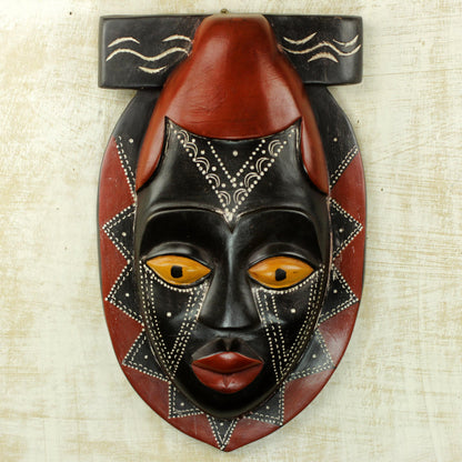 Buruwa Black and Red African Wood Mask Hand Carved by Ghana Artisan