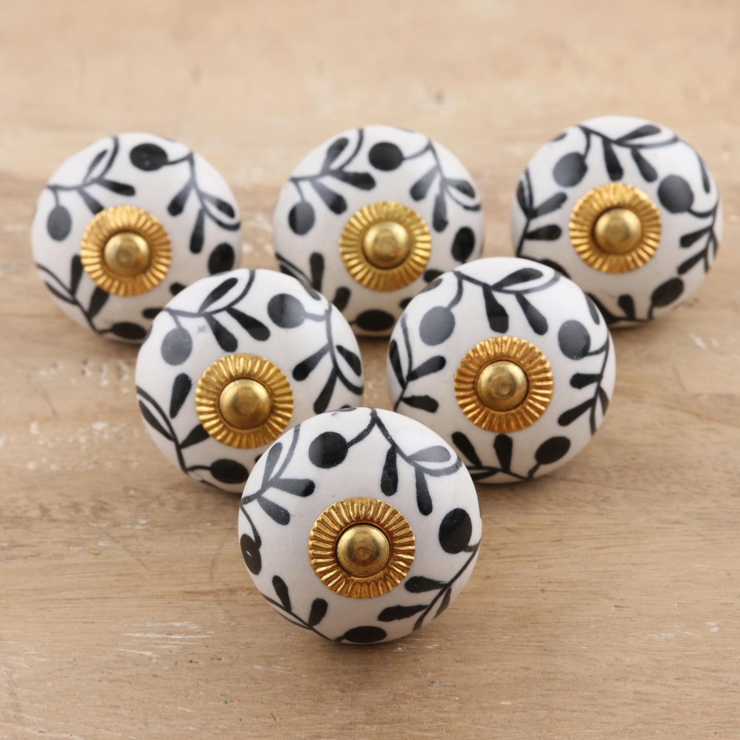 Magical Blooms Ceramic Cabinet Knobs Floral White Black (Set of 6) India