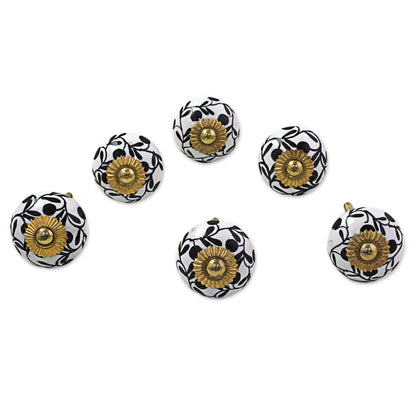 Magical Blooms Ceramic Cabinet Knobs Floral White Black (Set of 6) India