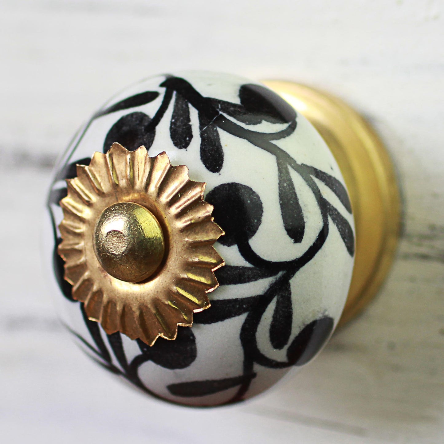 Magical Blooms Ceramic Cabinet Knobs Floral White Black (Set of 6) India