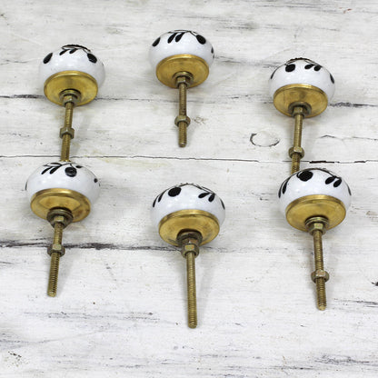 Magical Blooms Ceramic Cabinet Knobs Floral White Black (Set of 6) India