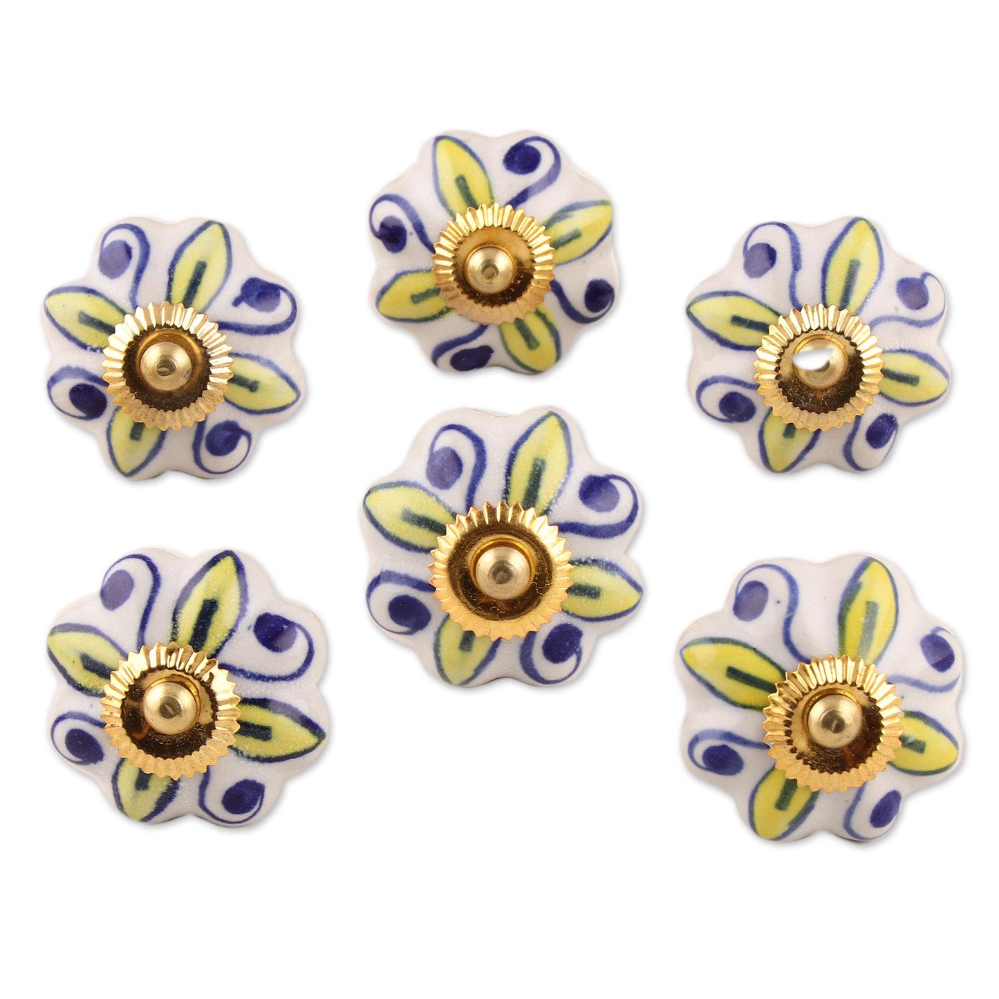 Bright Sunshine Ceramic Cabinet Knobs Floral Yellow White (Set of 6) India