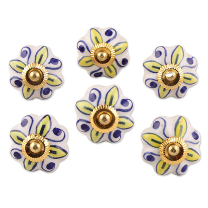 Bright Sunshine Ceramic Cabinet Knobs Floral Yellow White (Set of 6) India