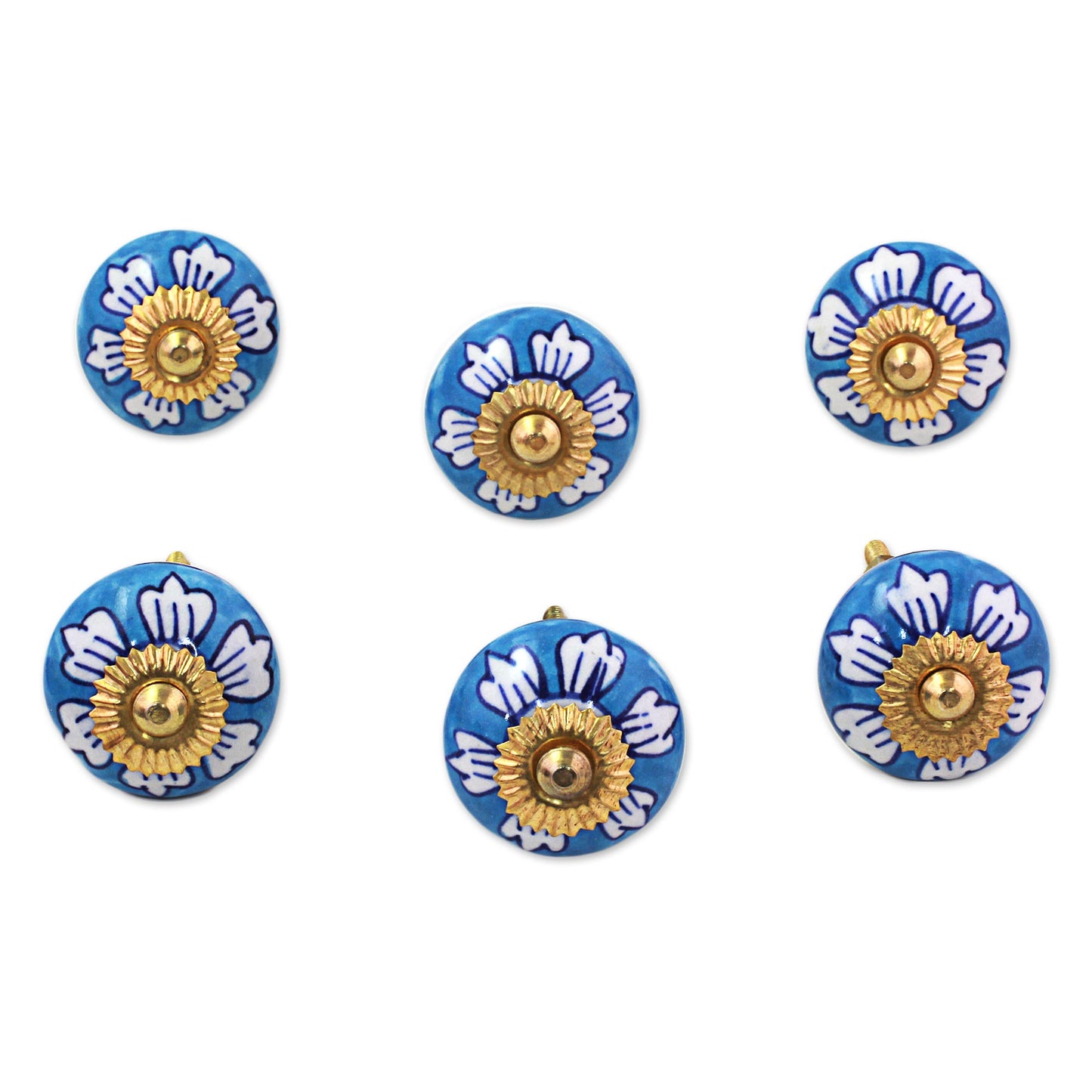 Blue Flowers Ceramic Cabinet Knobs Floral Blue White (Set of 6) India