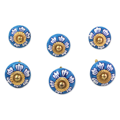 Blue Flowers Ceramic Cabinet Knobs Floral Blue White (Set of 6) India