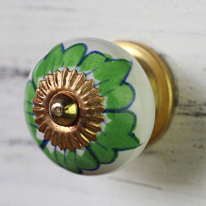 Green Flowers Ceramic Cabinet Knobs Floral Green White (Set of 6) India