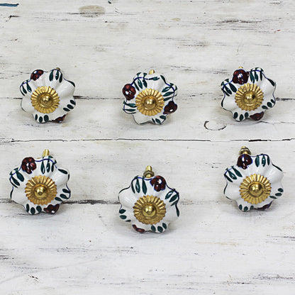 Floral Sunshine Ceramic Cabinet Knobs Floral White (Set of 6) from India