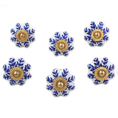 Blue Sunshine Ceramic Cabinet Knobs Floral White Blue (Set of 6) India